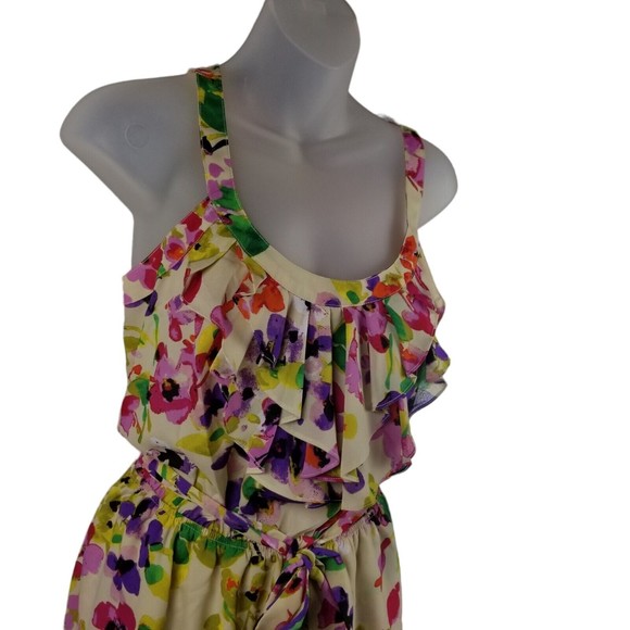 Express Dress Floral Knee Length Belted Sundress Womens Sz M  Ruffle Bib Pockets - Picture 2 of 16